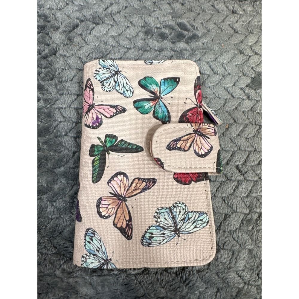 Mundi Womens Butterfly Print Bifold Wallet Cream Multicolor Vegan Leather Snap